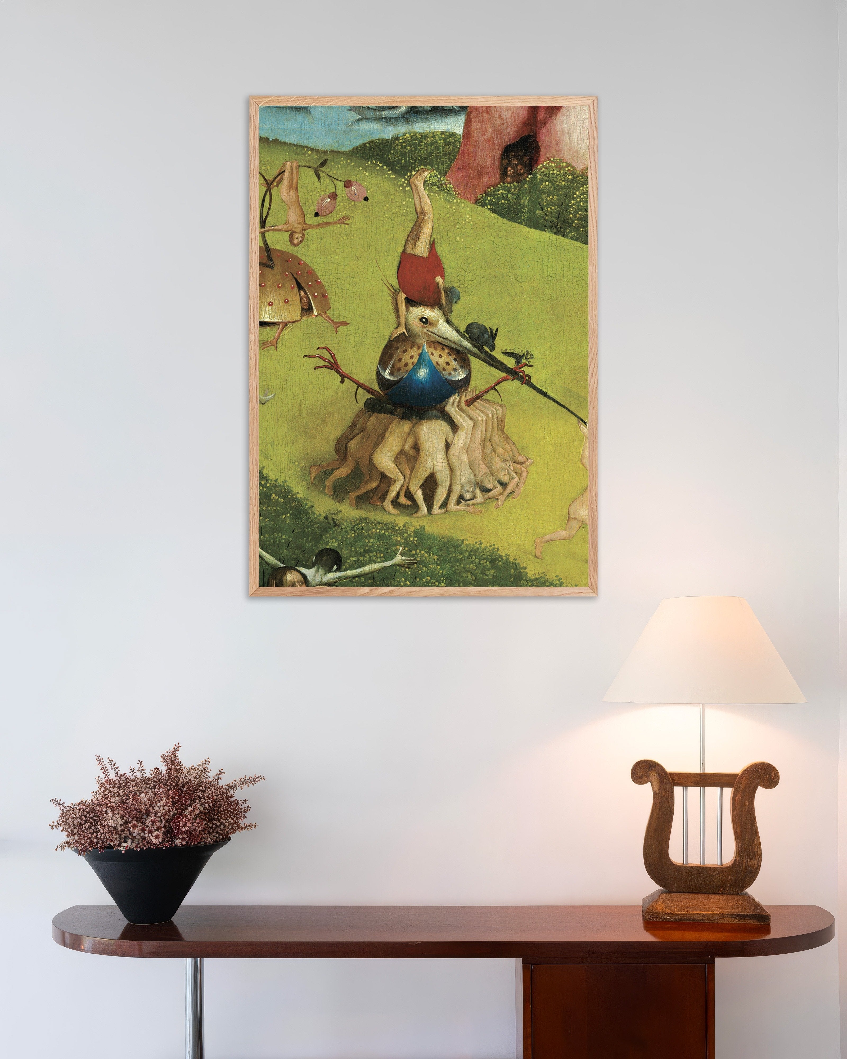 Poster of The giant bird and acrobats - Detail from The Garden of Earthly Delights, with natural wooden frame