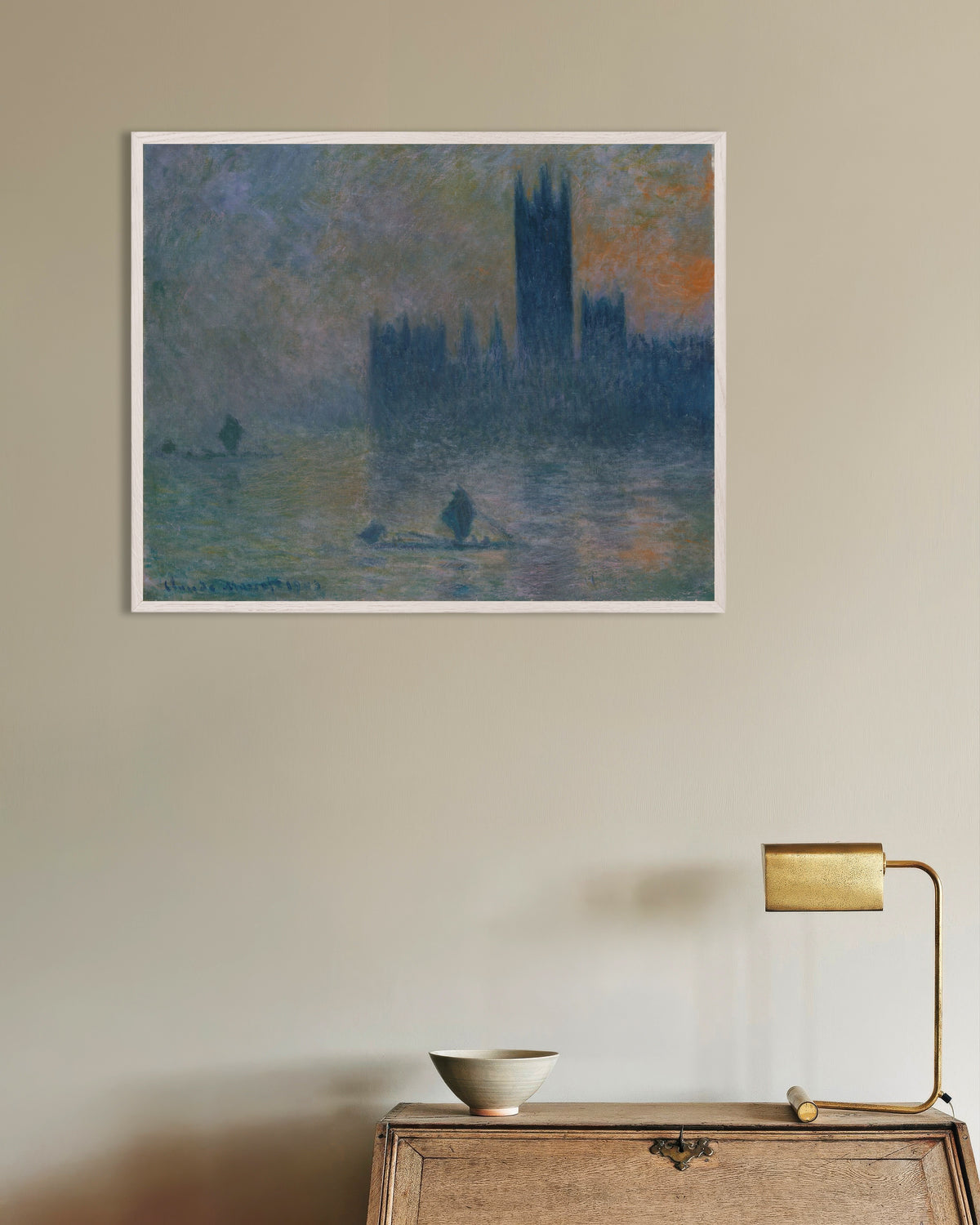 Plakat Parlamentet, tågeeffekt (1903–1904) af Claude Monet med hvid træramme