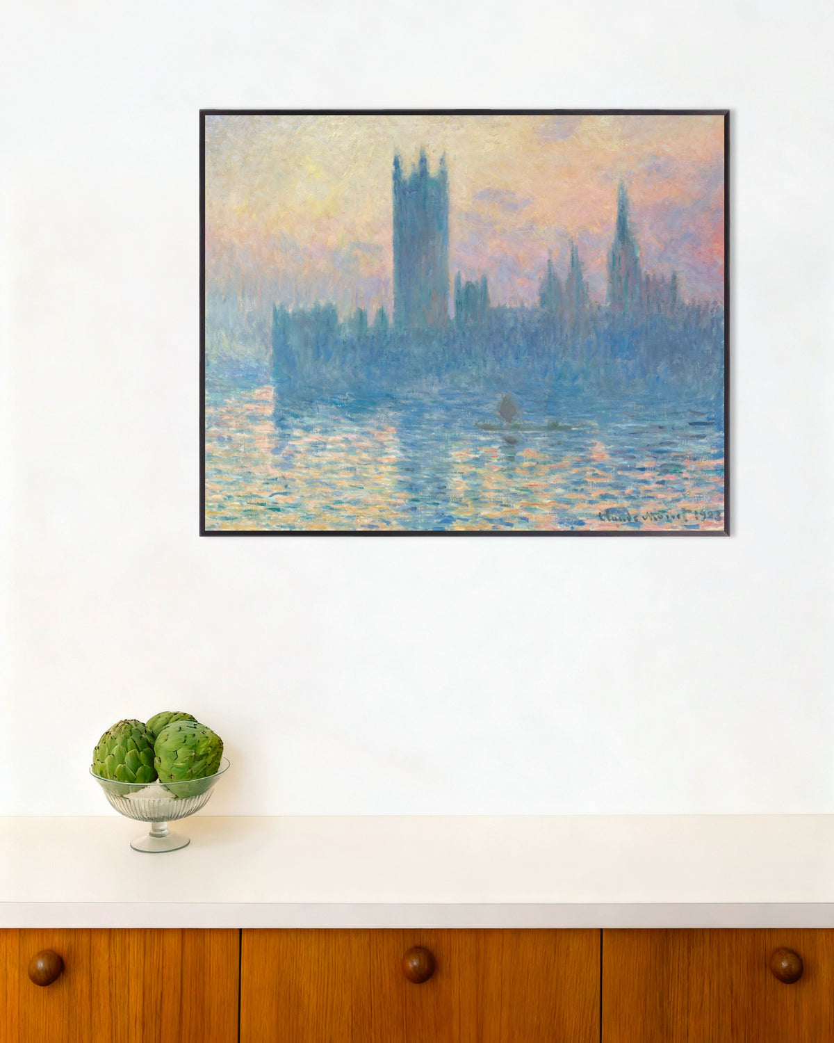 Plakat Parlamentet ved solnedgang (1903) af Claude Monet med metalramme