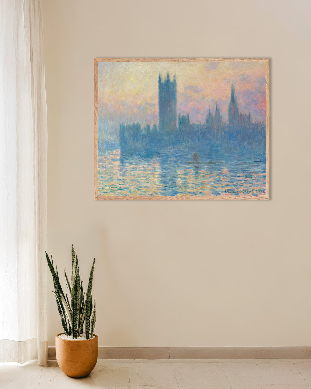 Plakat Parlamentet ved solnedgang (1903) af Claude Monet med ramme i naturtræ