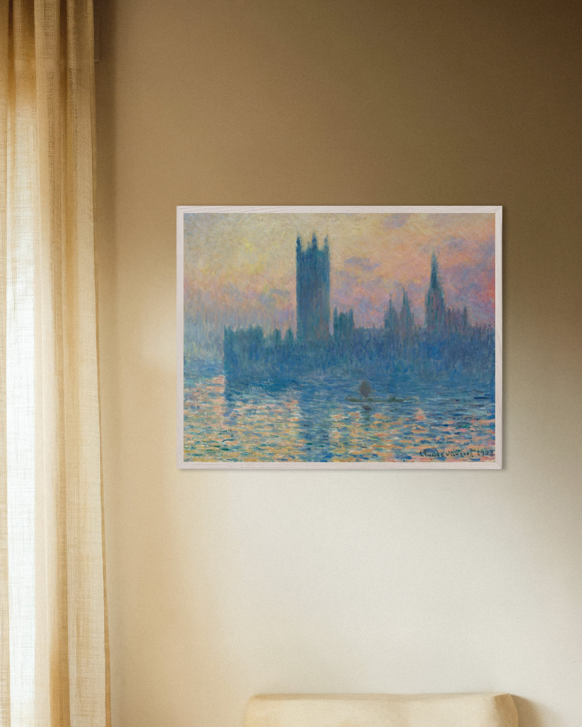 Plakat Parlamentet ved solnedgang (1903) af Claude Monet med hvid træramme