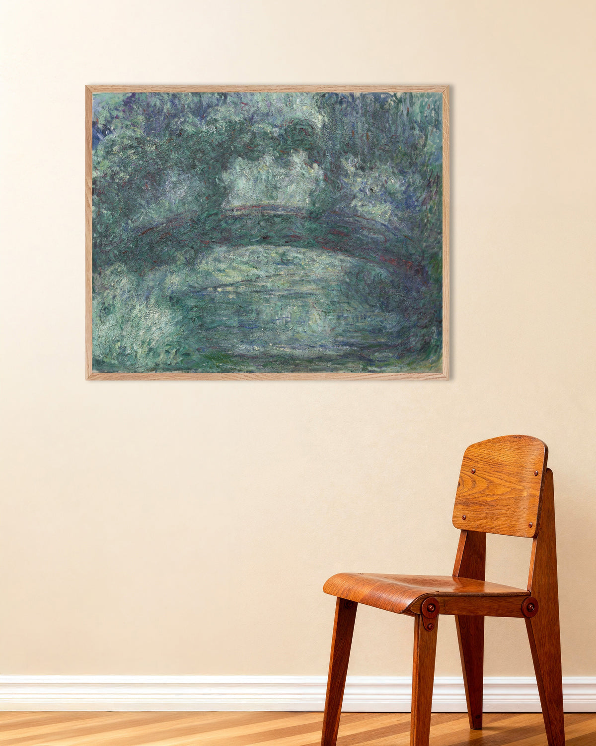 Plakat Den japanske bro (1919–1924) af Claude Monet med ramme i naturtræ