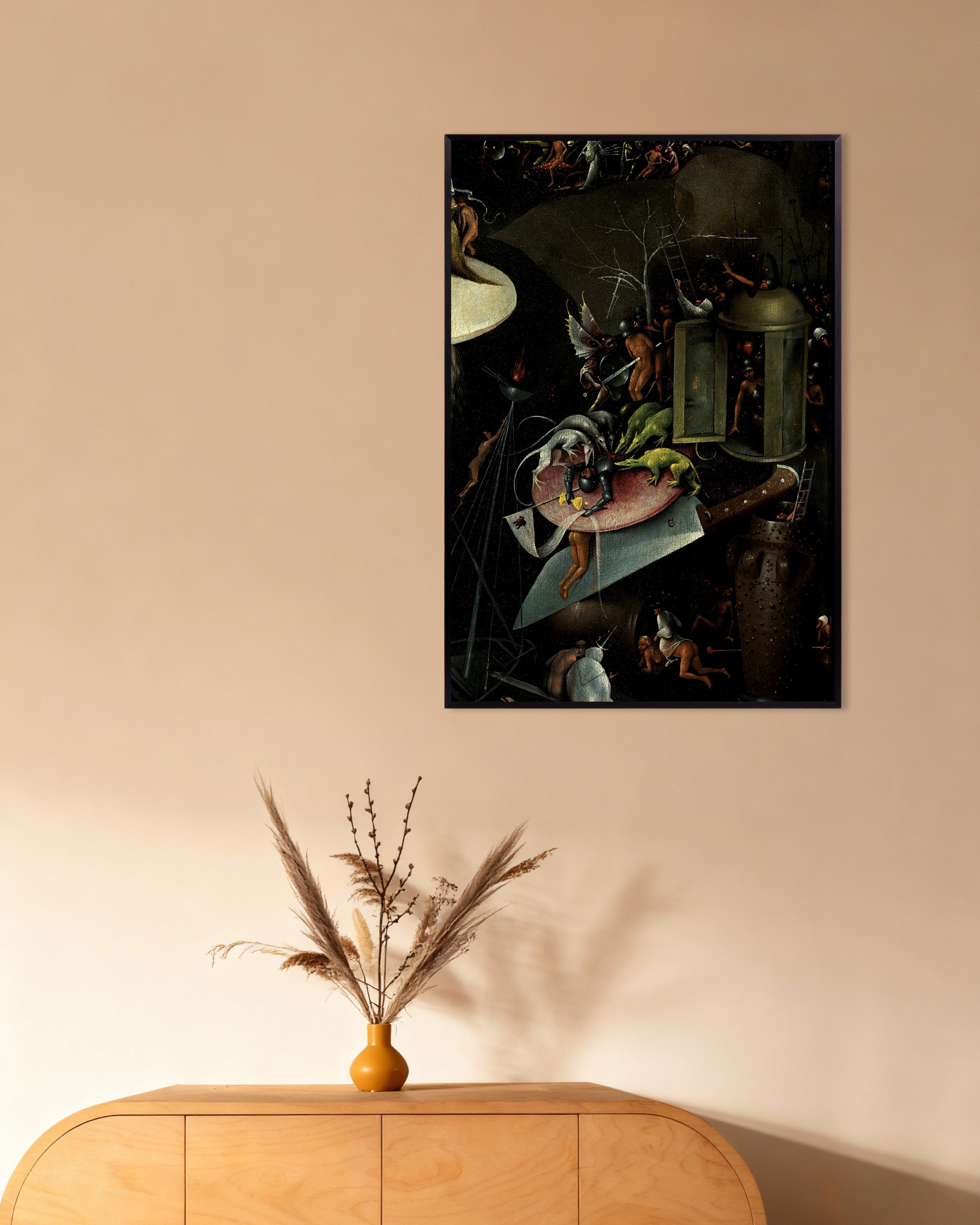 Poster of The knight and the hounds - Detail from The Garden of Earthly Delights, with metal frame