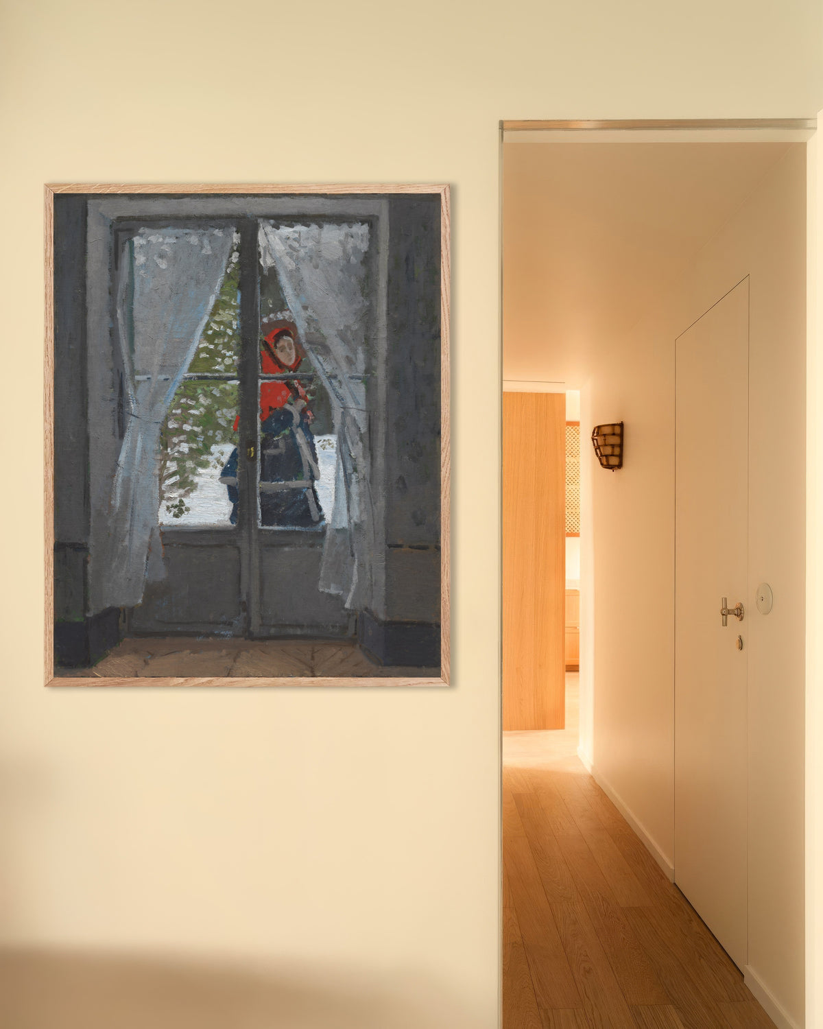 Plakat Det røde tørklæde (ca. 1868–1873) af Claude Monet med ramme i naturtræ