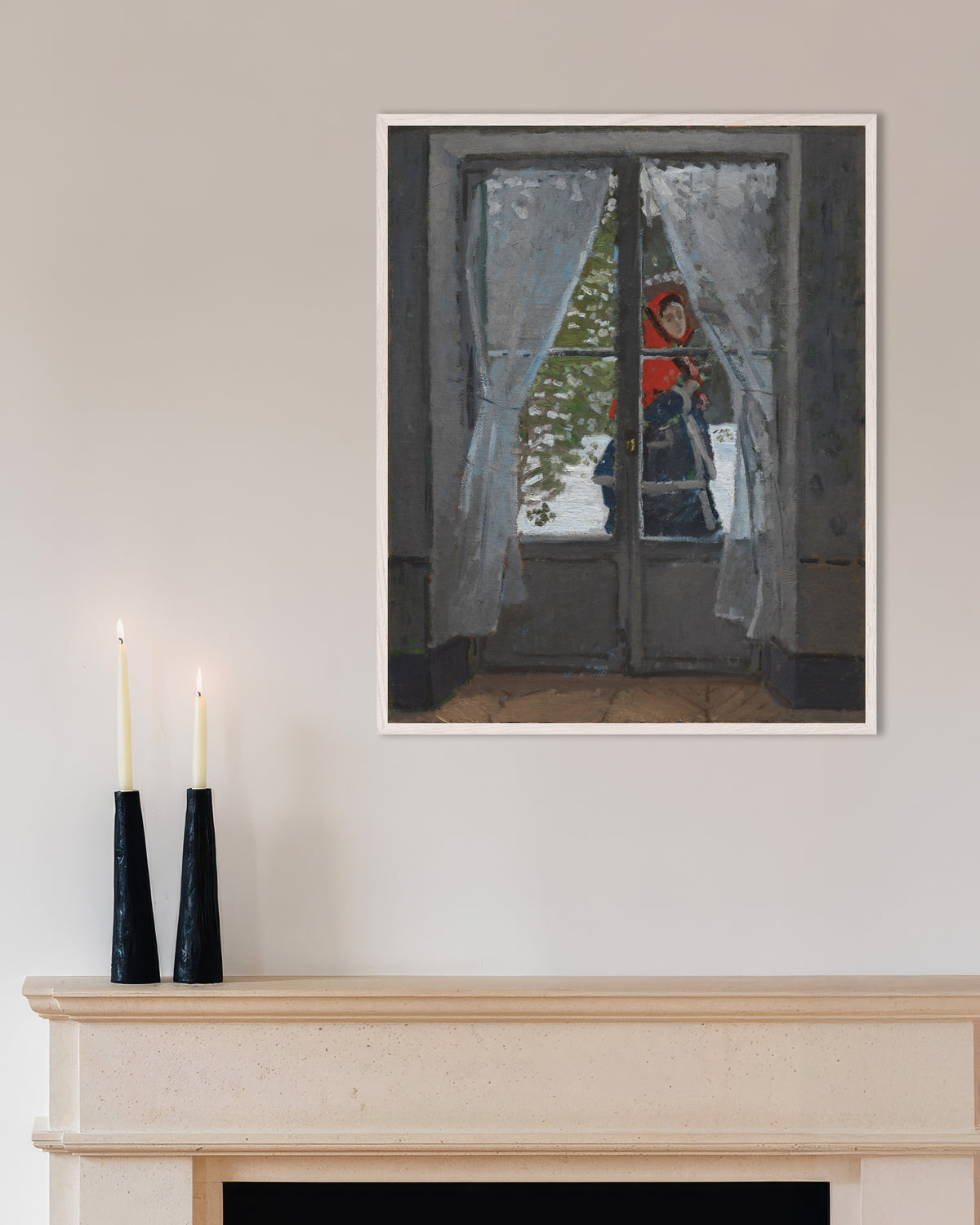 Plakat Det røde tørklæde (ca. 1868–1873) af Claude Monet med hvid træramme
