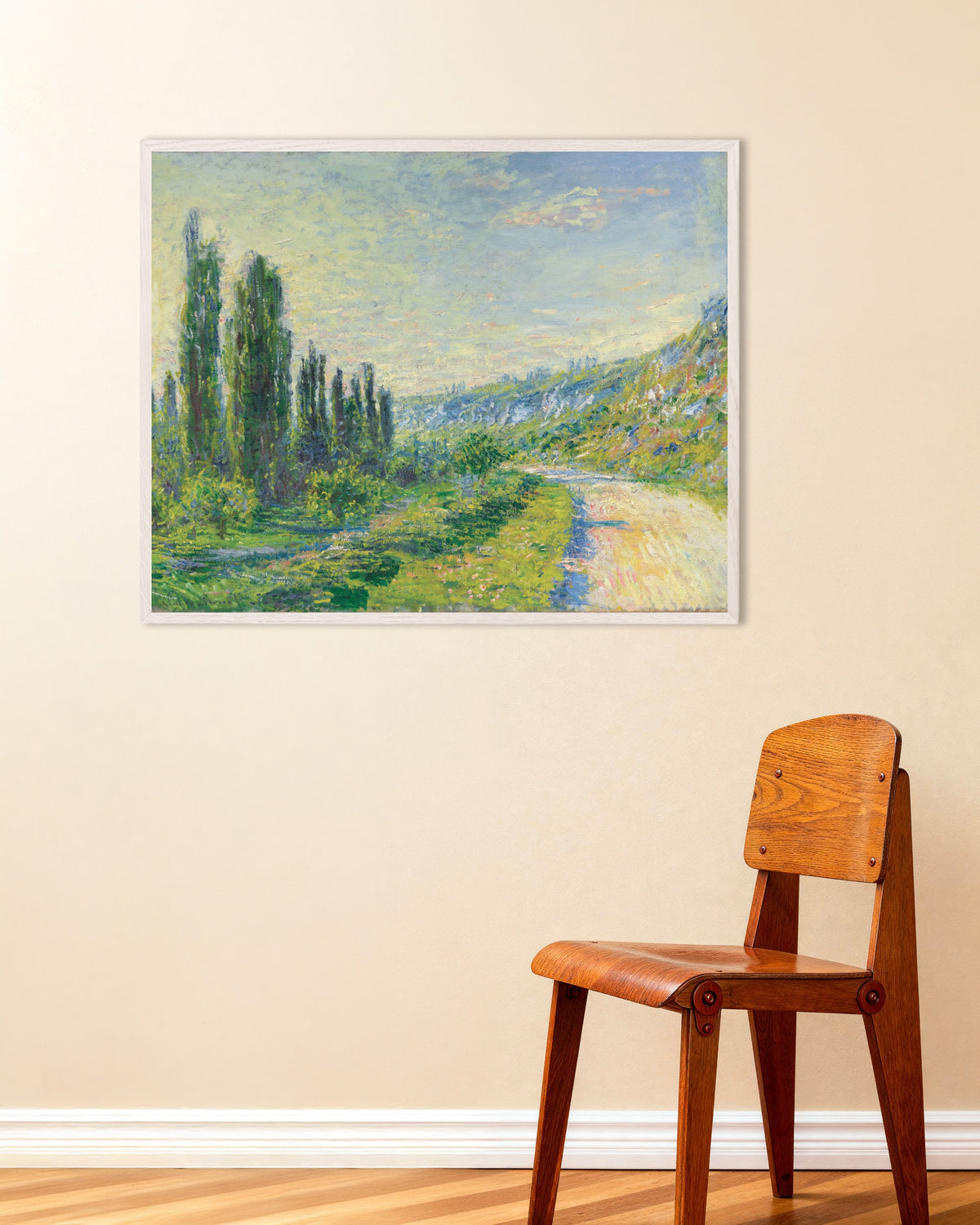 Plakat Vejen ved Vétheuil (ca. 1880) af Claude Monet med hvid træramme