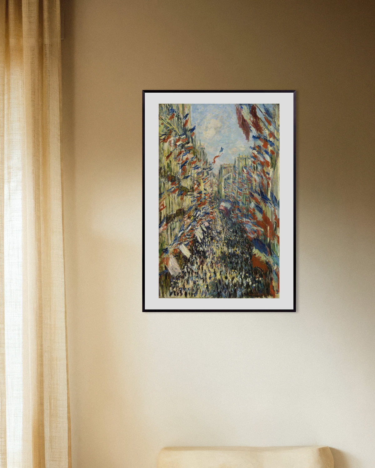 Plakat Rue Montorgueil i Paris, festen den 30. juni 1878 af Claude Monet med metalramme