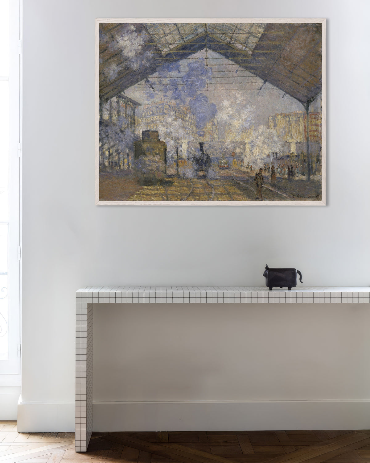 Plakat Gare Saint-Lazare (1877) af Claude Monet med hvid træramme