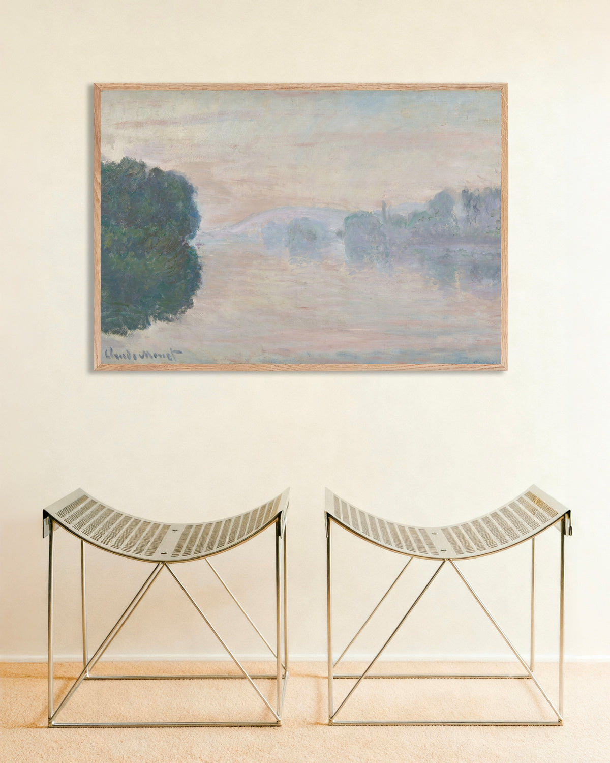 Plakat Seinen i tågen (1894) af Claude Monet med ramme i naturtræ