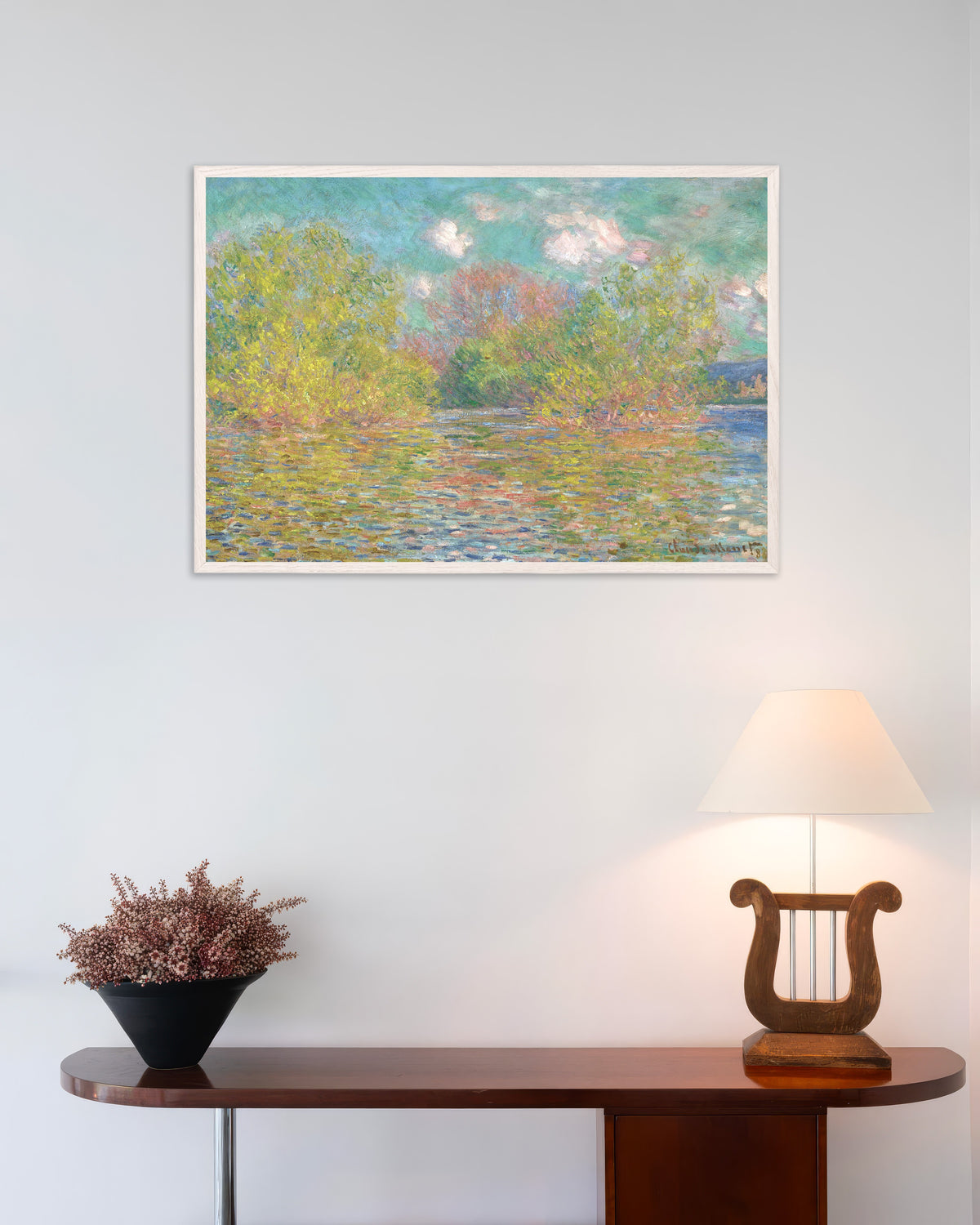 Plakat Seinen nær Giverny (1888) af Claude Monet med hvid træramme