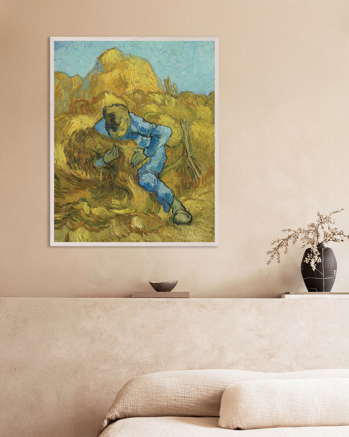 Poster med Kornbinderen, efter Millet (1889) af Vincent van Gogh, med hvid træramme