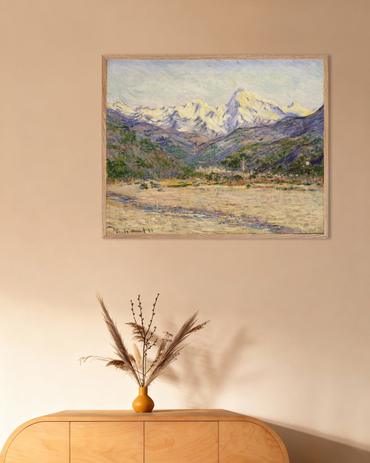Plakat Nervia-dalen (1884) af Claude Monet med ramme i naturtræ