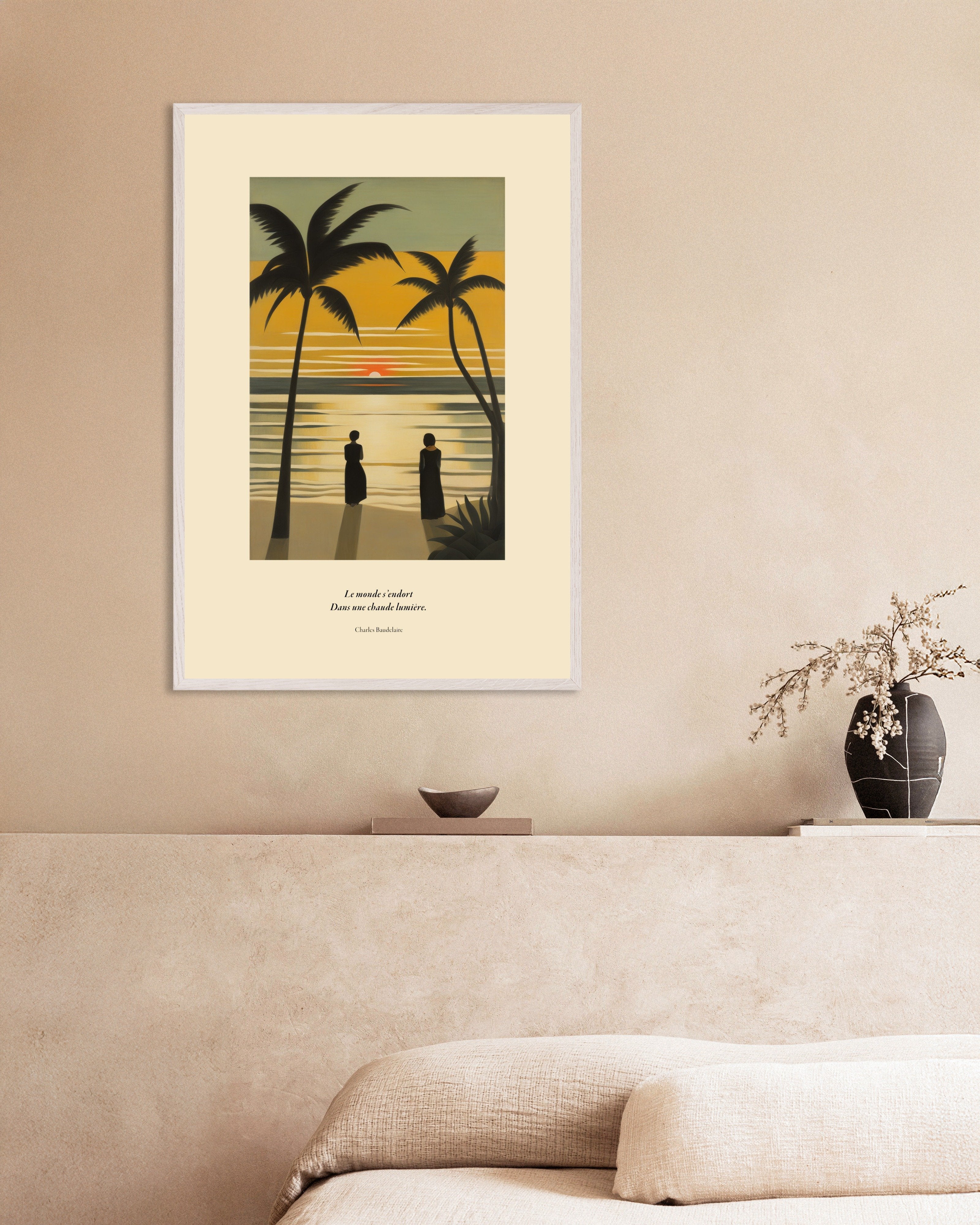 Poster of The world falls asleep in a warm light, Baudelaire, french, with white wooden frame
