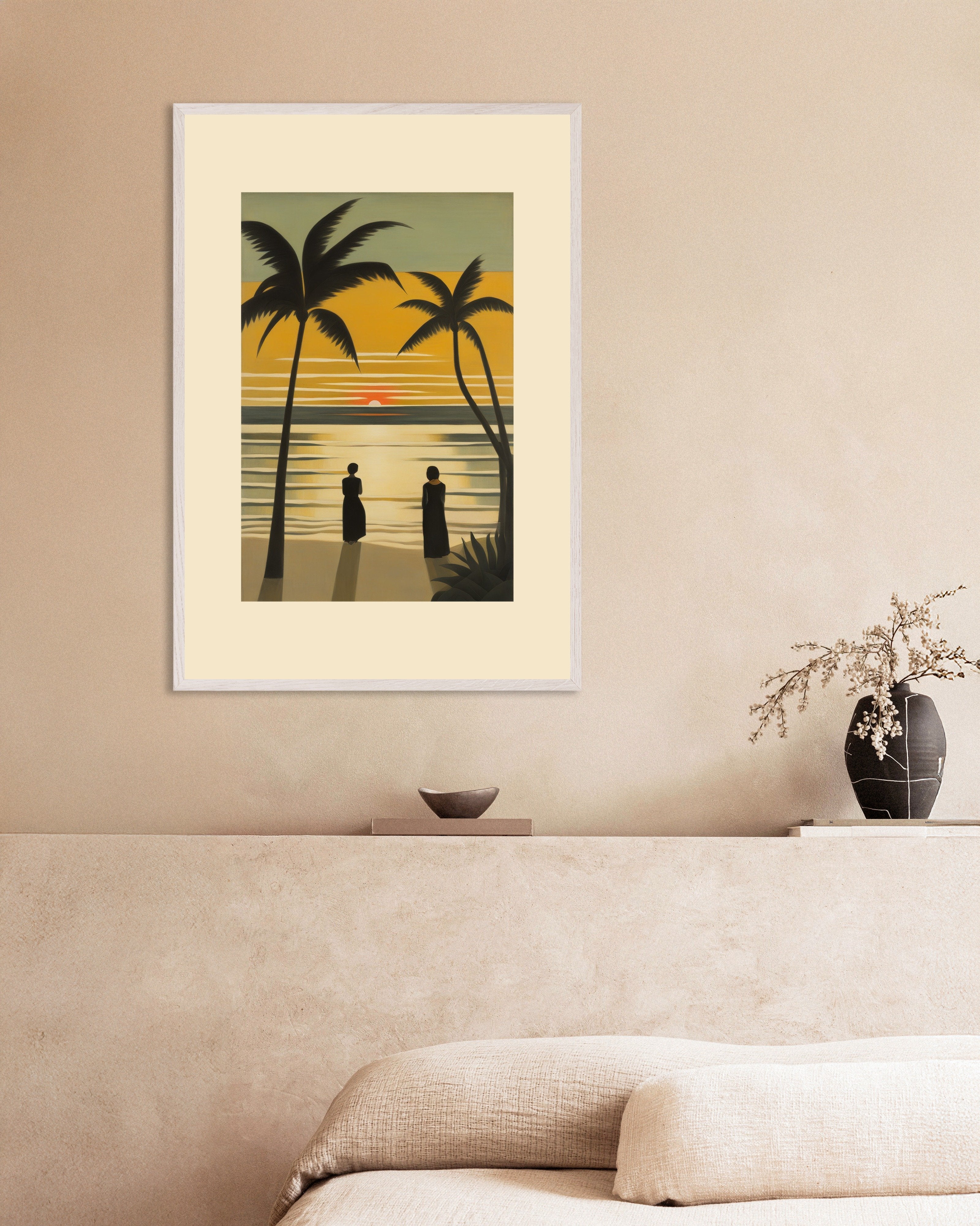 Poster of The world falls asleep in a warm light, Baudelaire, no text, with white wooden frame