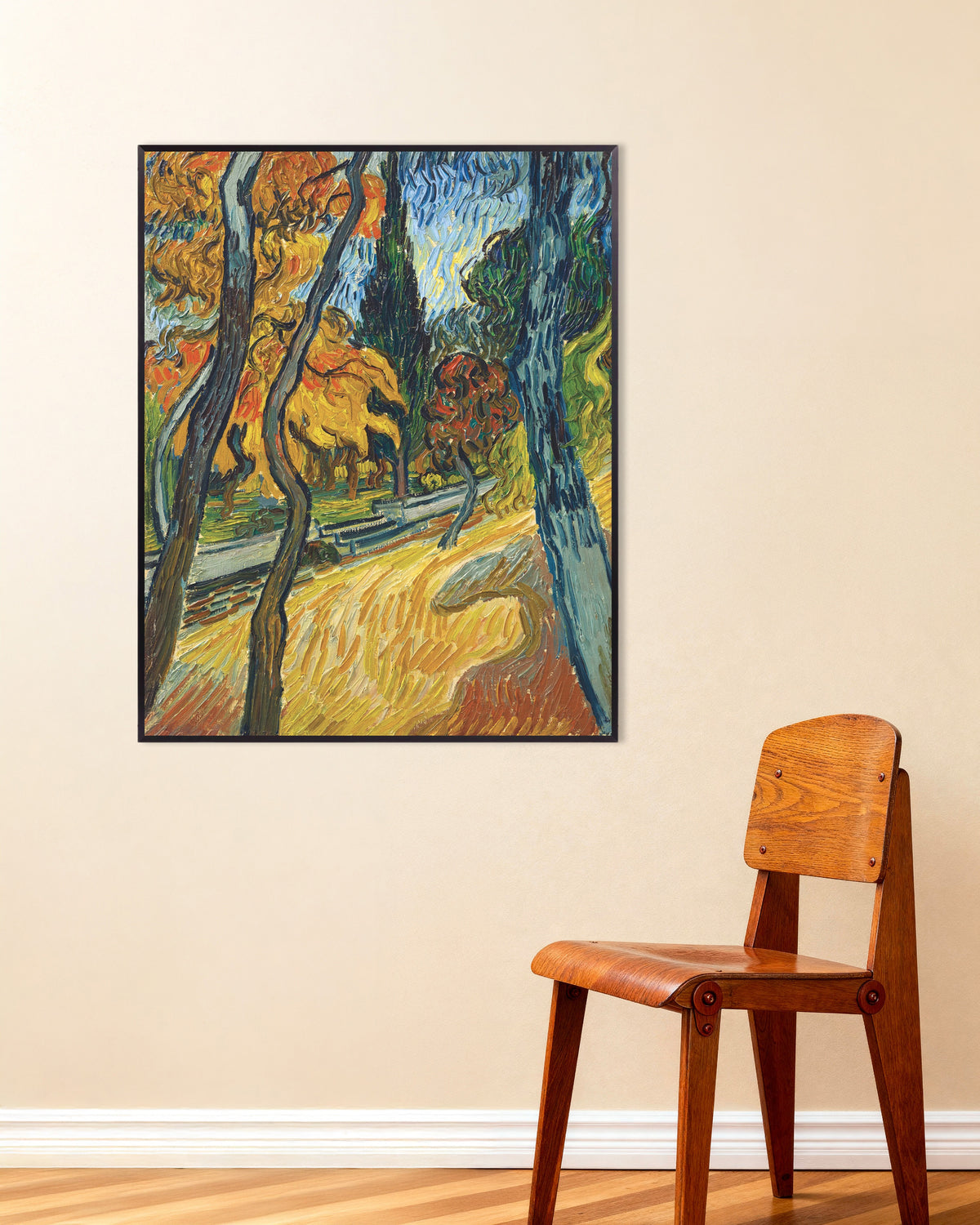 Poster af Træer i asylhaven (1889) af Vincent van Gogh med metalramme