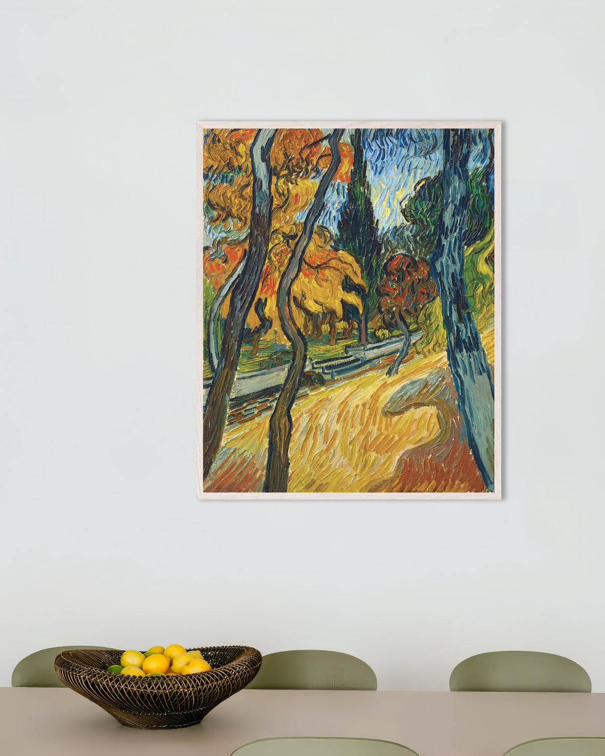 Poster af Træer i asylhaven (1889) af Vincent van Gogh med hvid træramme