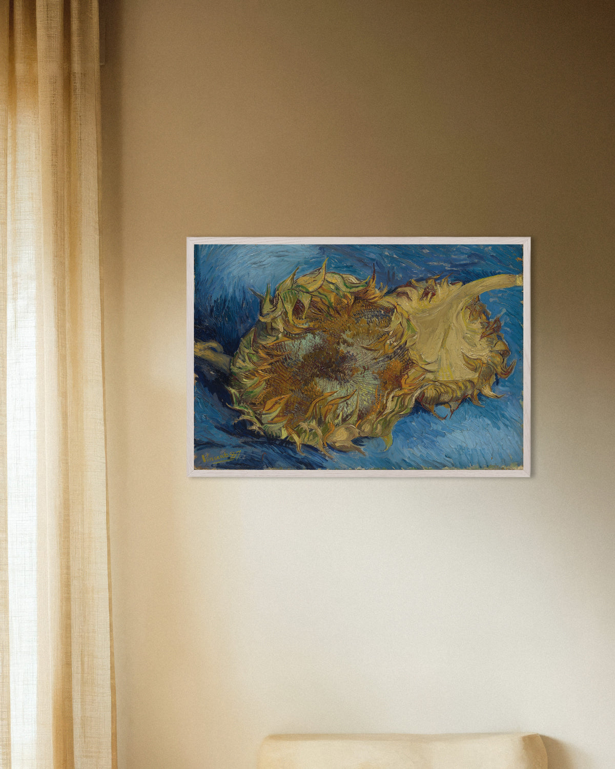Poster med To afskårne solsikker (1887) af Vincent van Gogh, med hvid træramme