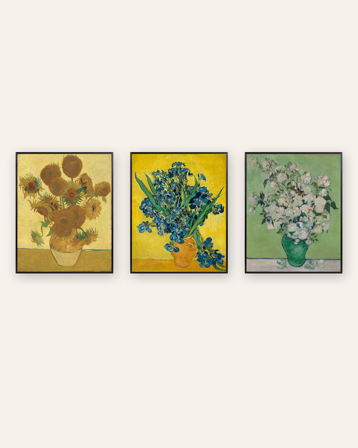 Van Gogh plakater med blomster, sæt med 3: Solsikker, Iris og Roser, i sorte metalrammer
