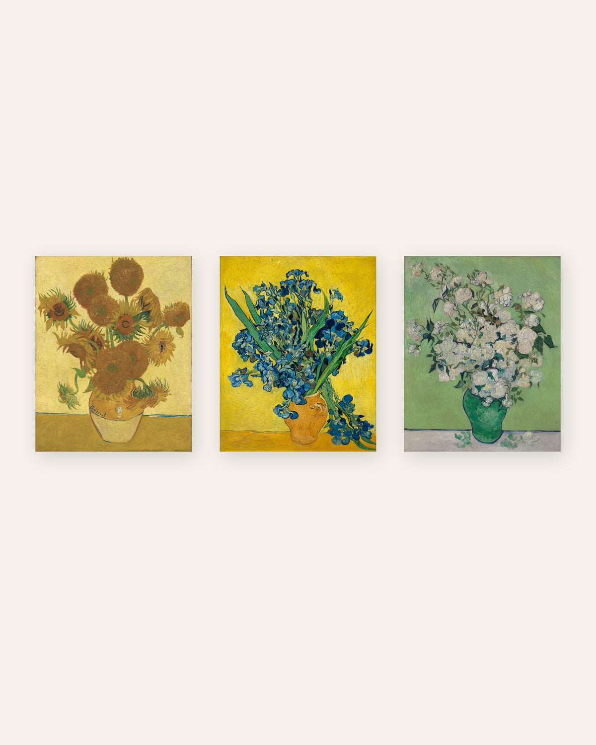Van Gogh plakater med blomster, sæt med 3: Solsikker, Iris og Roser, uden ramme