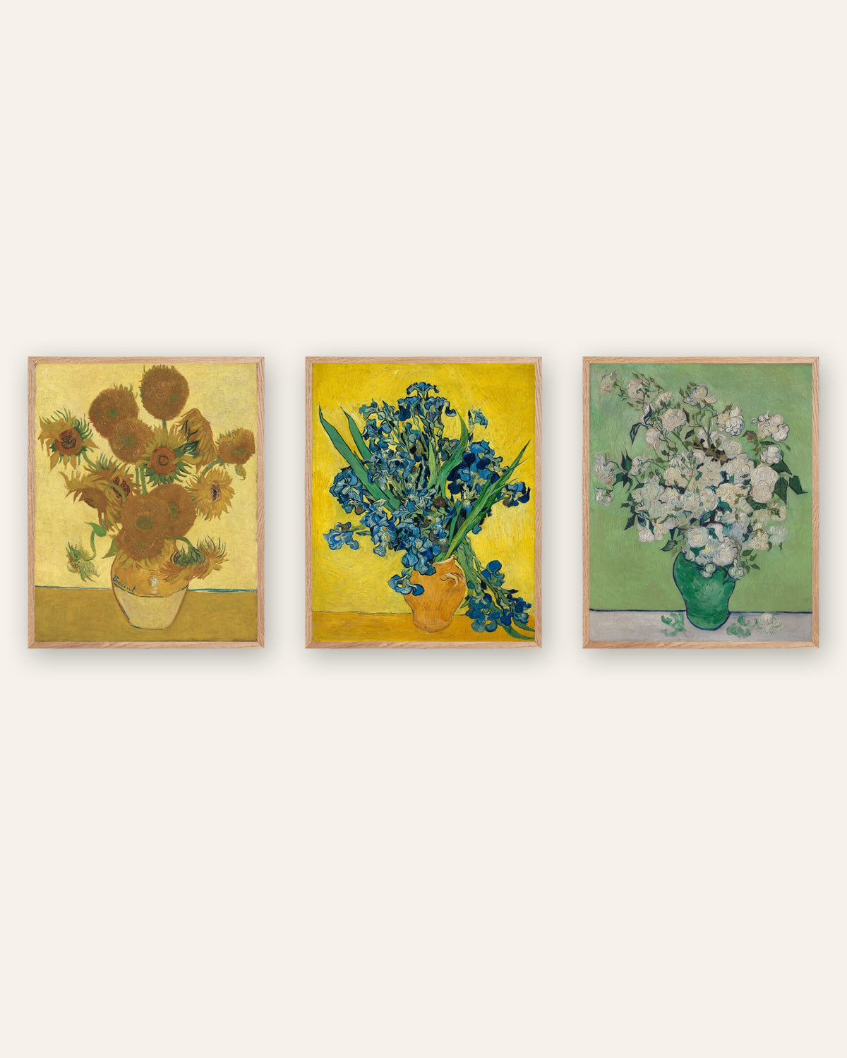 Van Gogh plakater med blomster, sæt med 3: Solsikker, Iris og Roser, i rammer af natureg