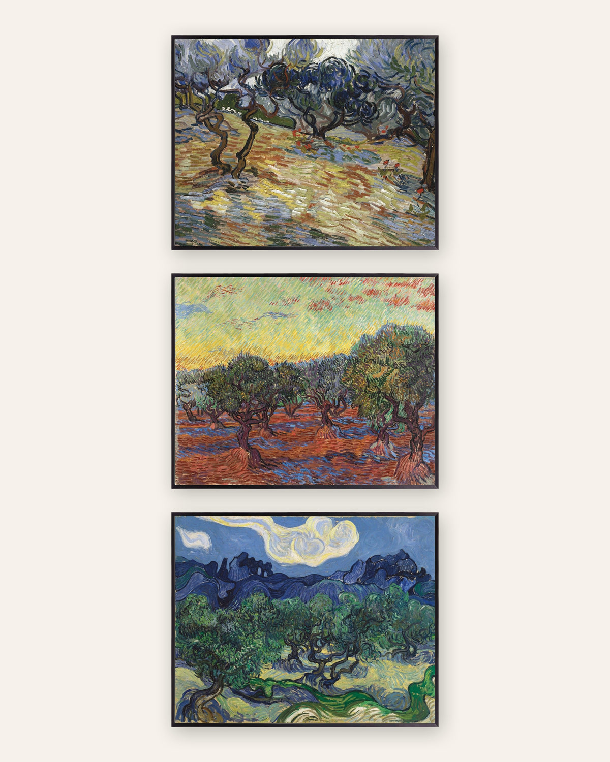 Van Gogh plakater med oliventræer, sæt med 3: olivenlundene i Saint-Rémy, i sorte metalrammer