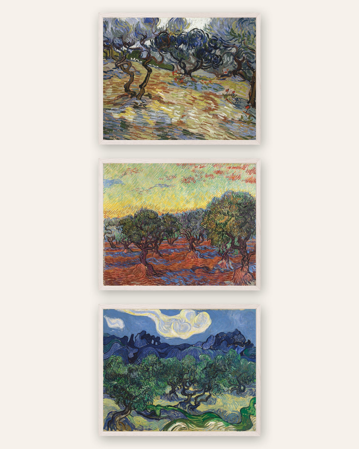 Van Gogh plakater med oliventræer, sæt med 3: olivenlundene i Saint-Rémy, i hvide egetræsrammer