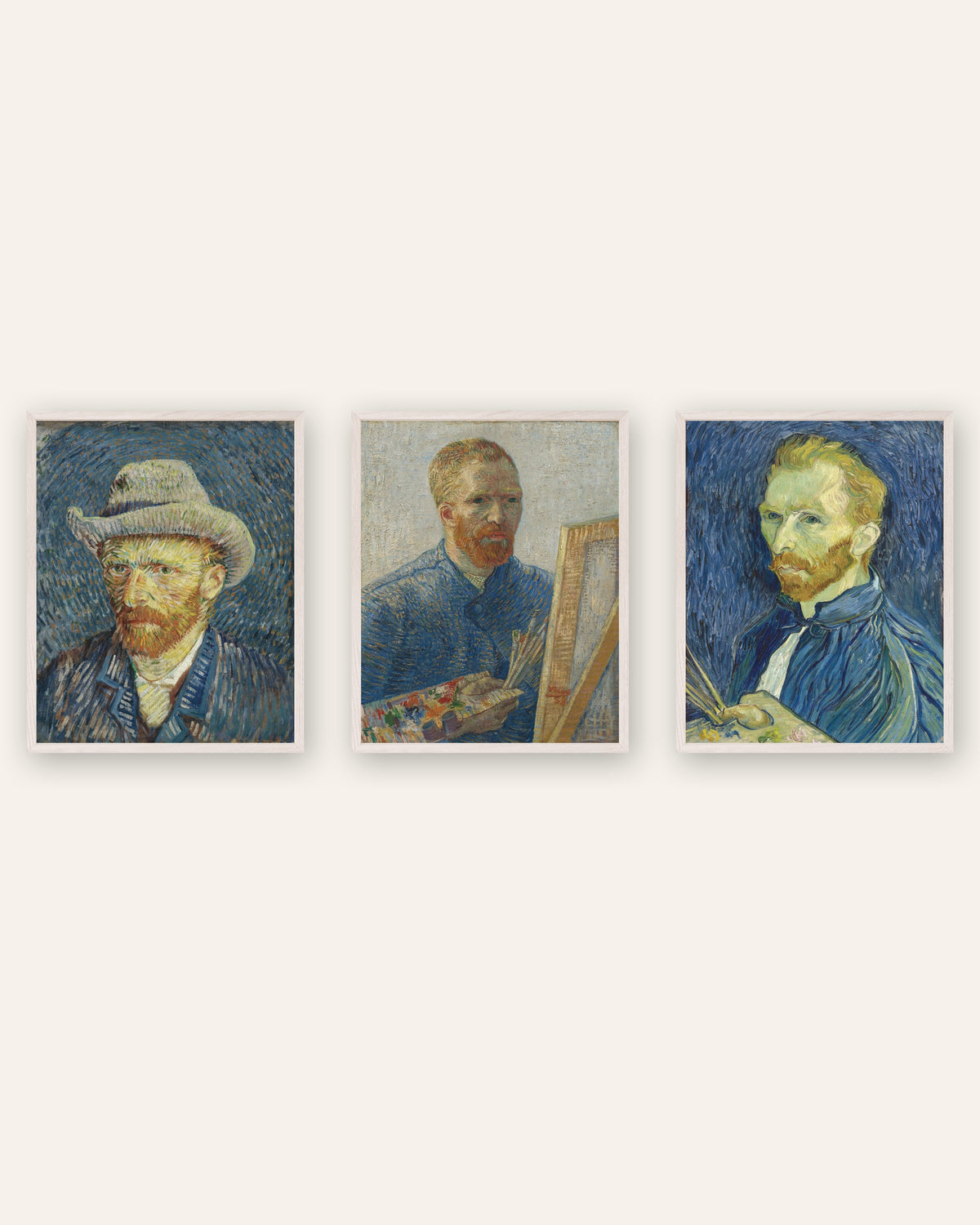 Van Gogh selvportræt plakater, sæt med 3: fra Paris til Saint-Rémy, i hvide egetræsrammer