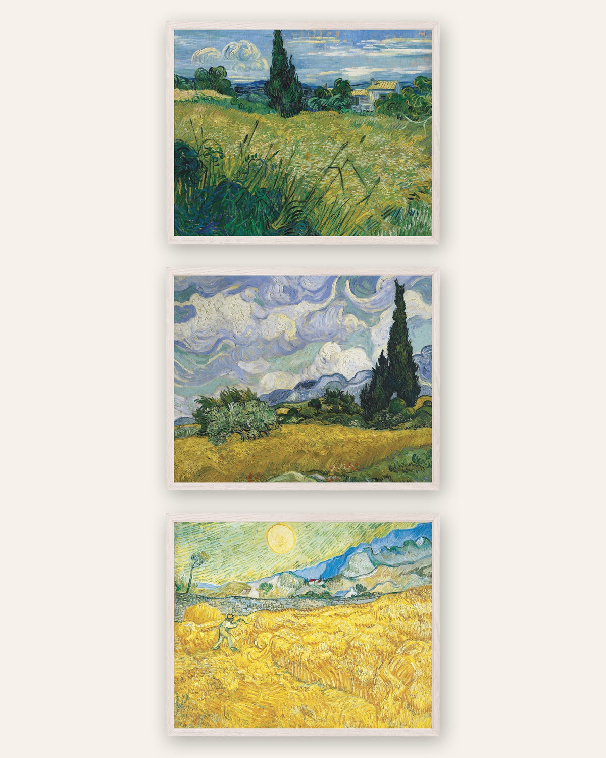 Van Gogh plakater med hvedemarker, sæt med 3: cypresser og høst, i hvide egetræsrammer