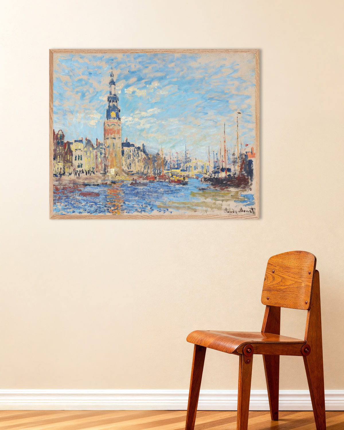 Plakat Udsigt mod Montelbaanstoren, Amsterdam (1874) af Claude Monet med ramme i naturtræ