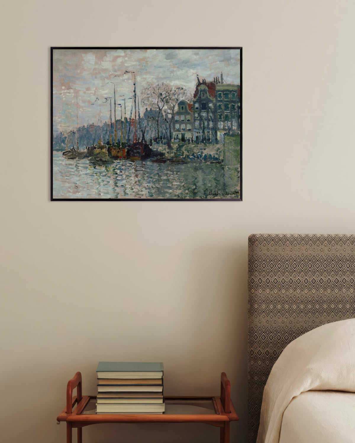 Plakat Udsigt over Prins Hendrikkade og Kromme Waal i Amsterdam (1874) af Claude Monet med metalramme