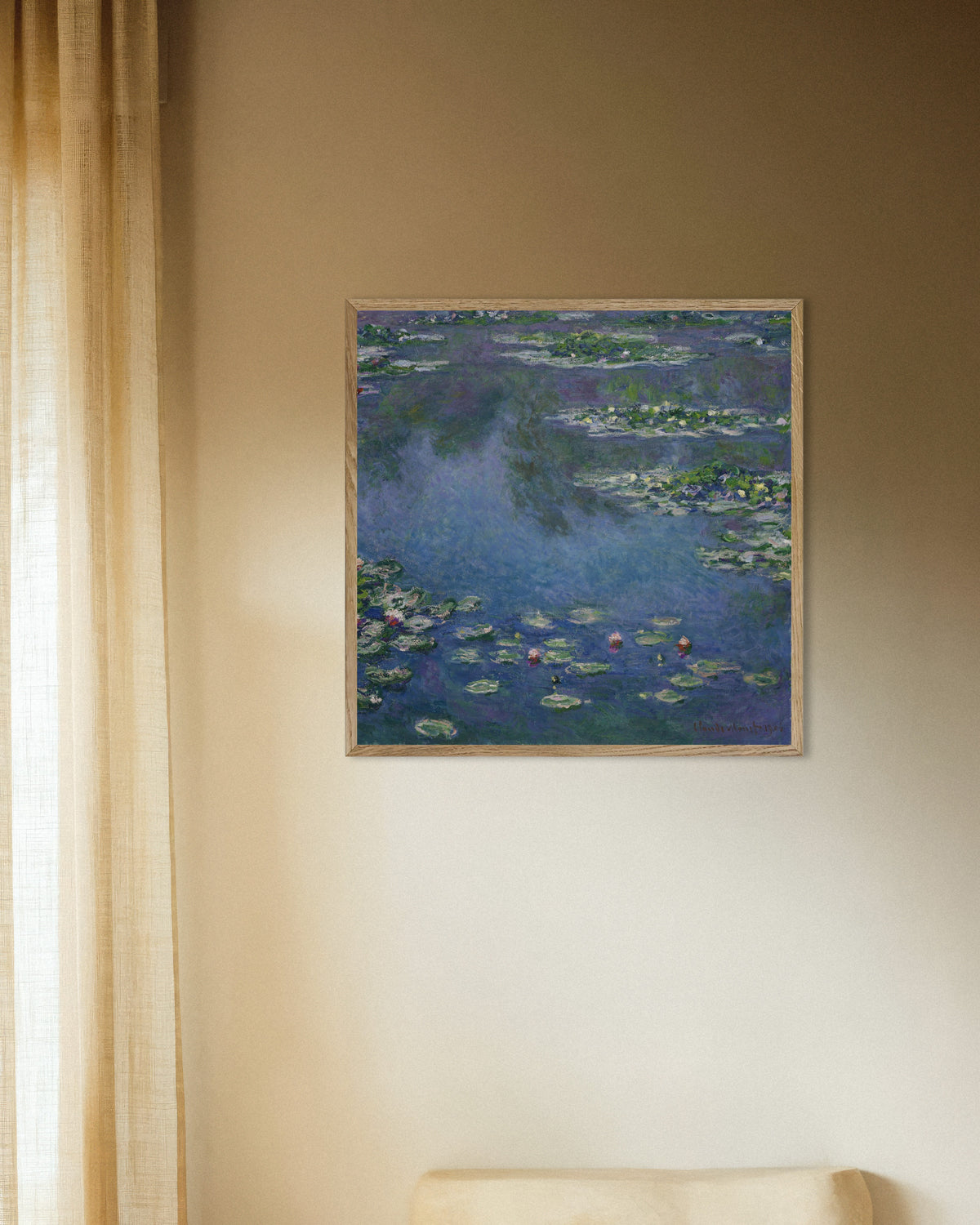 Plakat Åkander (1906) af Claude Monet med ramme i naturtræ