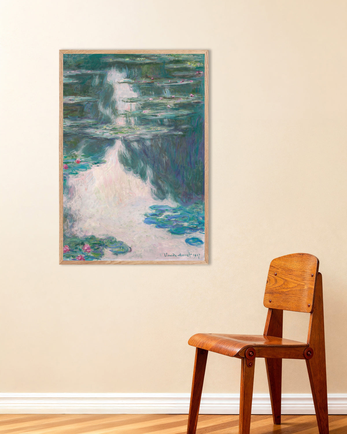 Plakat Åkander, gråvejr (1907) af Claude Monet med ramme i naturtræ