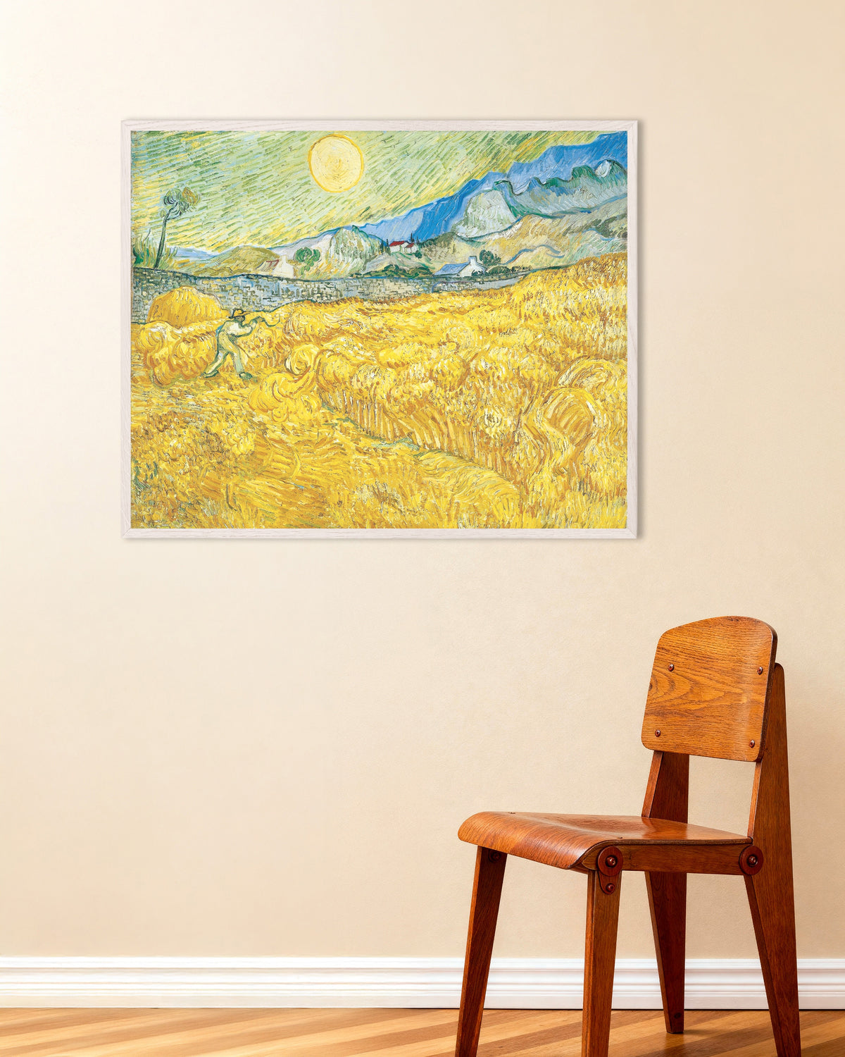 Poster med Hvedemark bag Saint-Paul-hospitalet med en høstarbejder (1889) af Vincent van Gogh, med hvid træramme