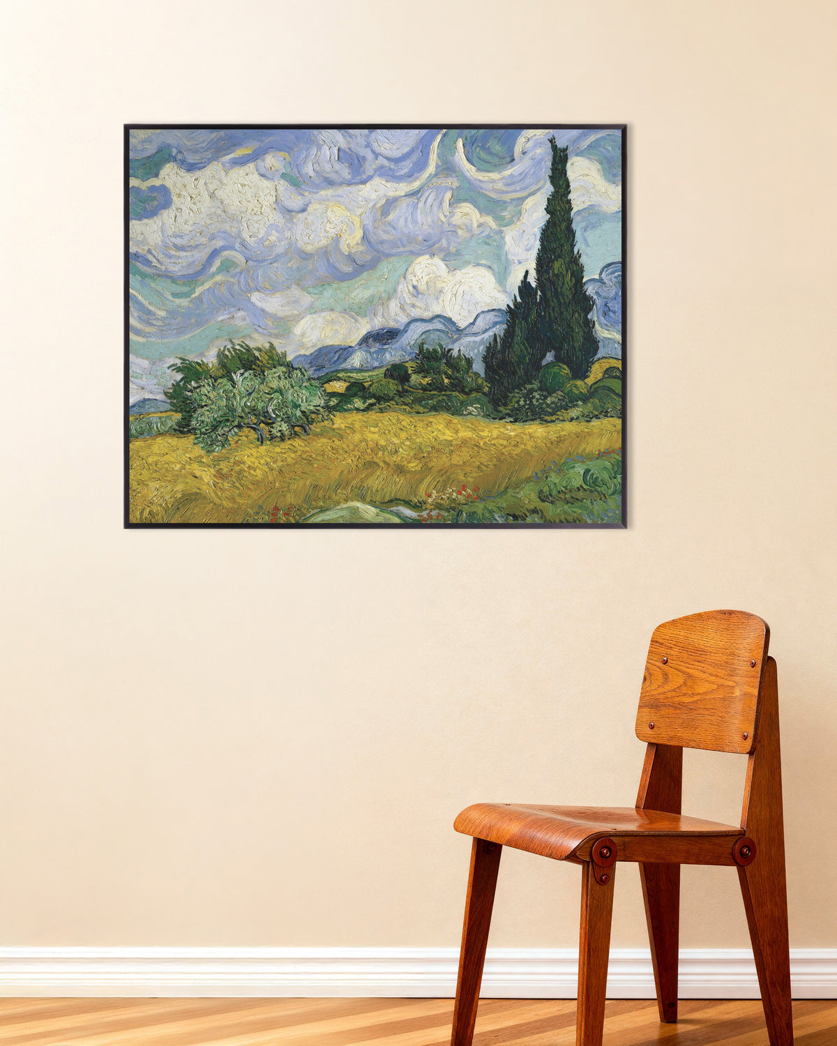 Poster med Hvedemark med cypresser (1889) af Vincent van Gogh, med metalramme
