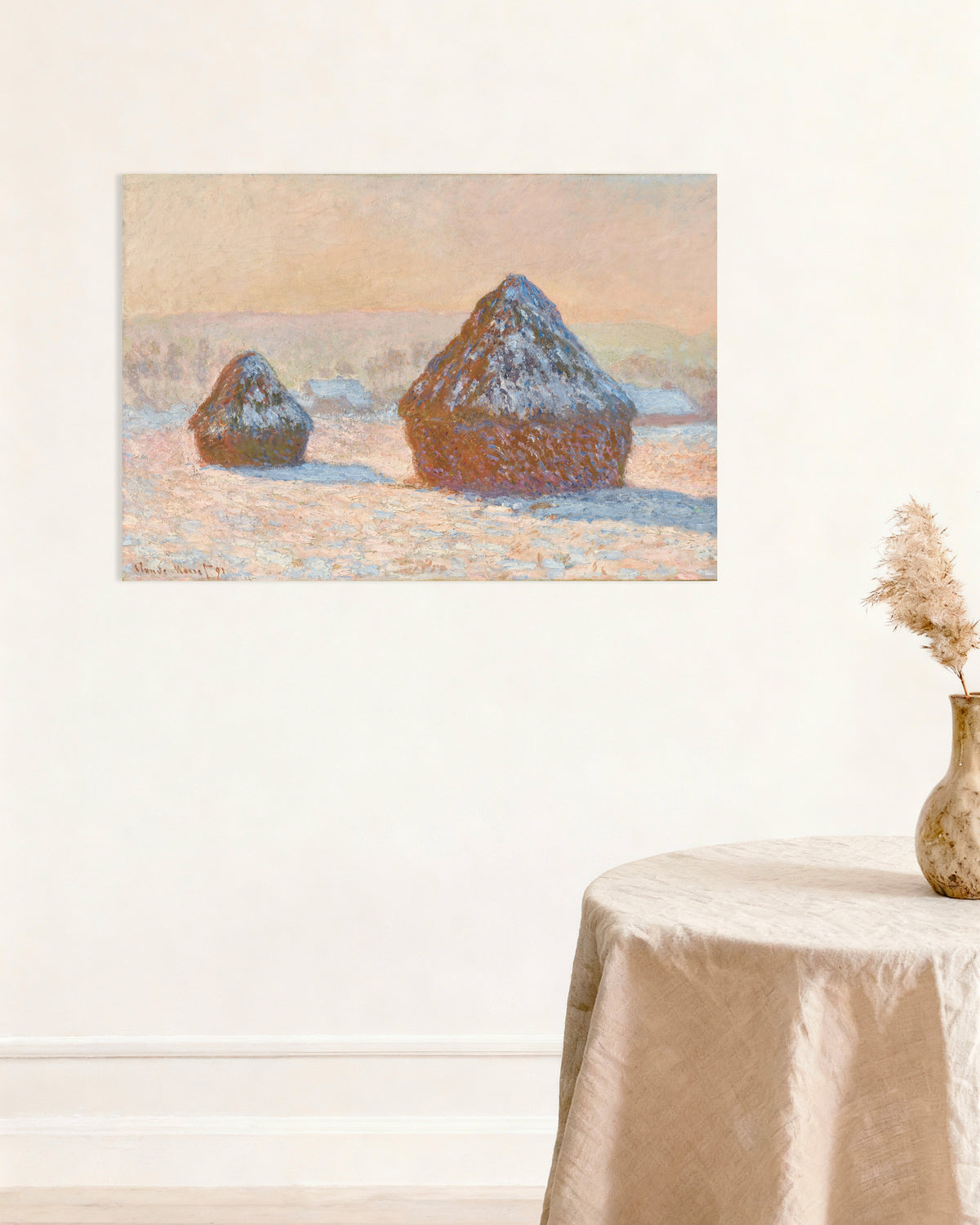 Plakat Kornstakke, sne, morgen (1891) af Claude Monet