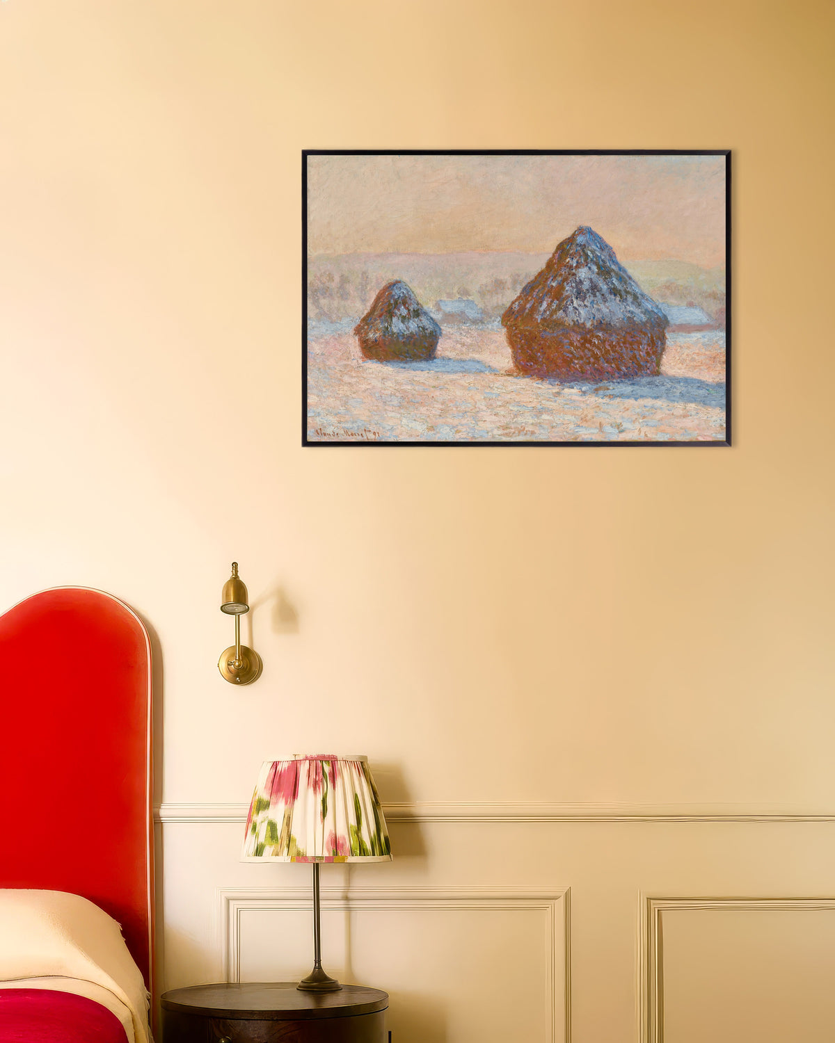 Plakat Kornstakke, sne, morgen (1891) af Claude Monet med metalramme