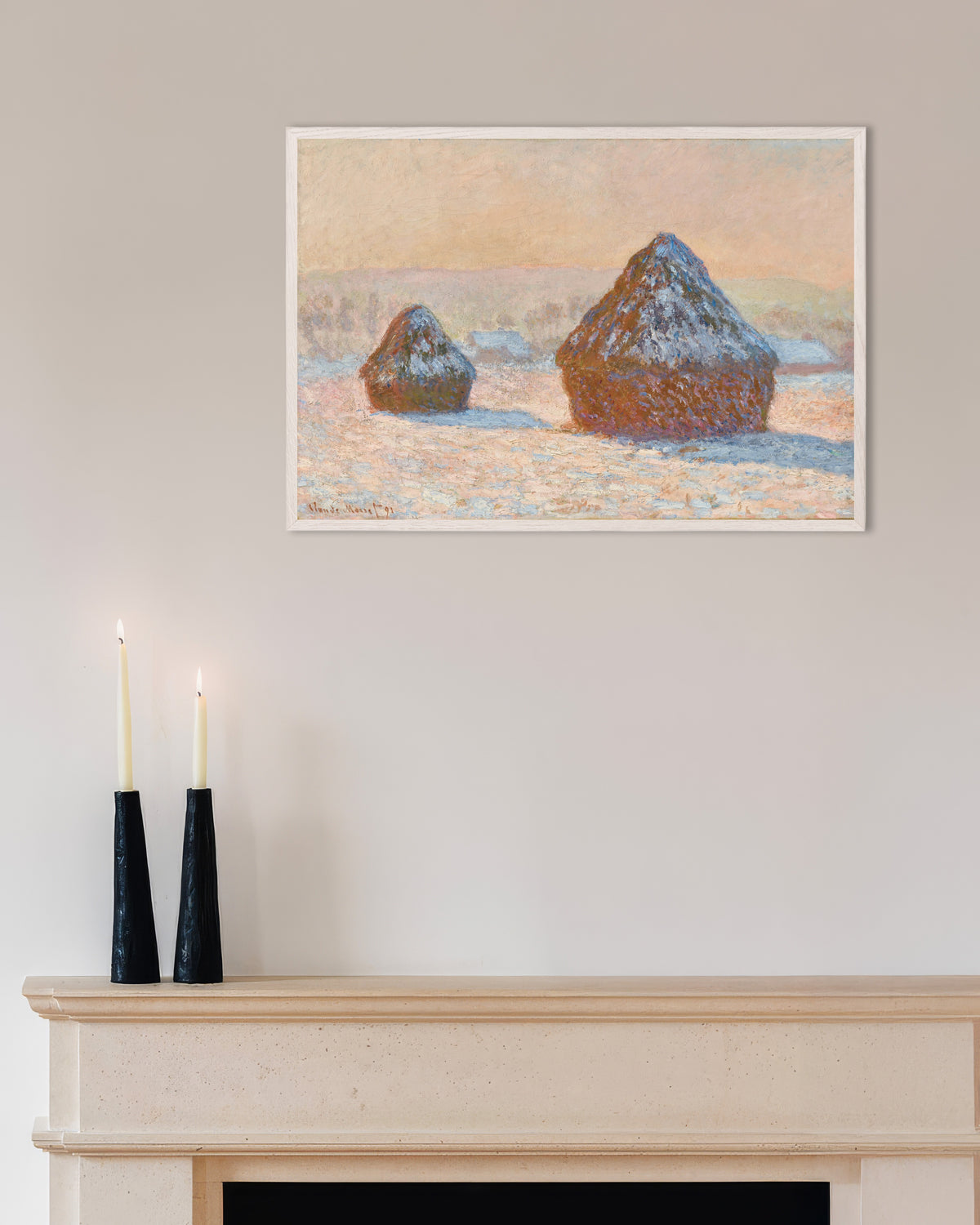 Plakat Kornstakke, sne, morgen (1891) af Claude Monet med hvid træramme