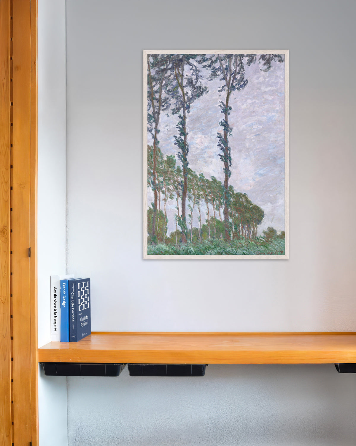 Plakat Popler, vindeffekt (1891) af Claude Monet med hvid træramme