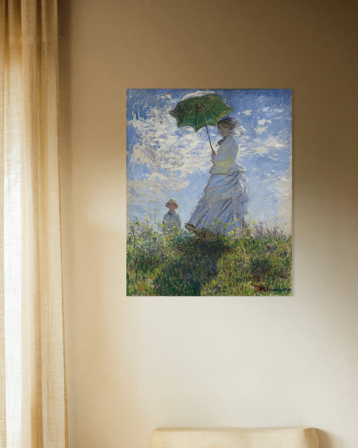 Plakat Kvinde med parasol, Madame Monet og hendes søn (1875) af Claude Monet