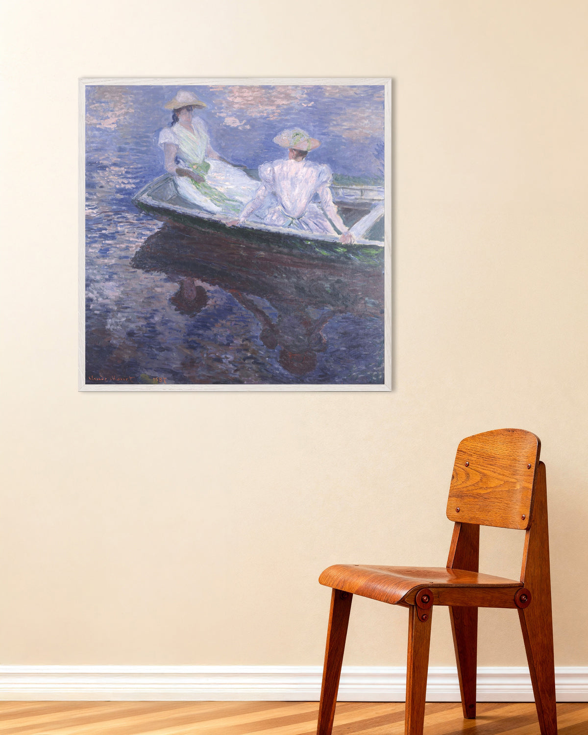Plakat Unge piger i en båd (1887) af Claude Monet med hvid træramme