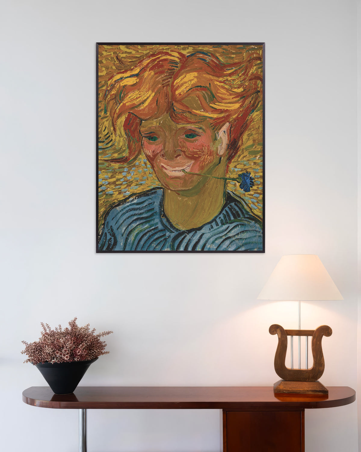 Poster med Ung mand med en kornblomst (1890) af Vincent van Gogh, med metalramme