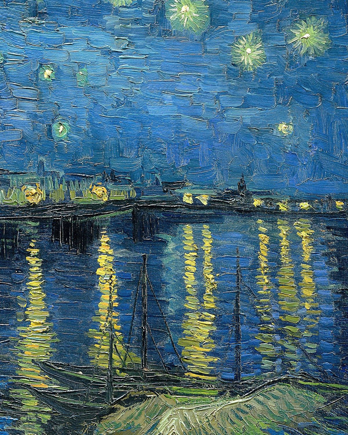 Udsnit af Stjernenat over Rhône (1888) af Vincent van Gogh: Arles’ lys spejler sig i floden under en blå stjernehimmel