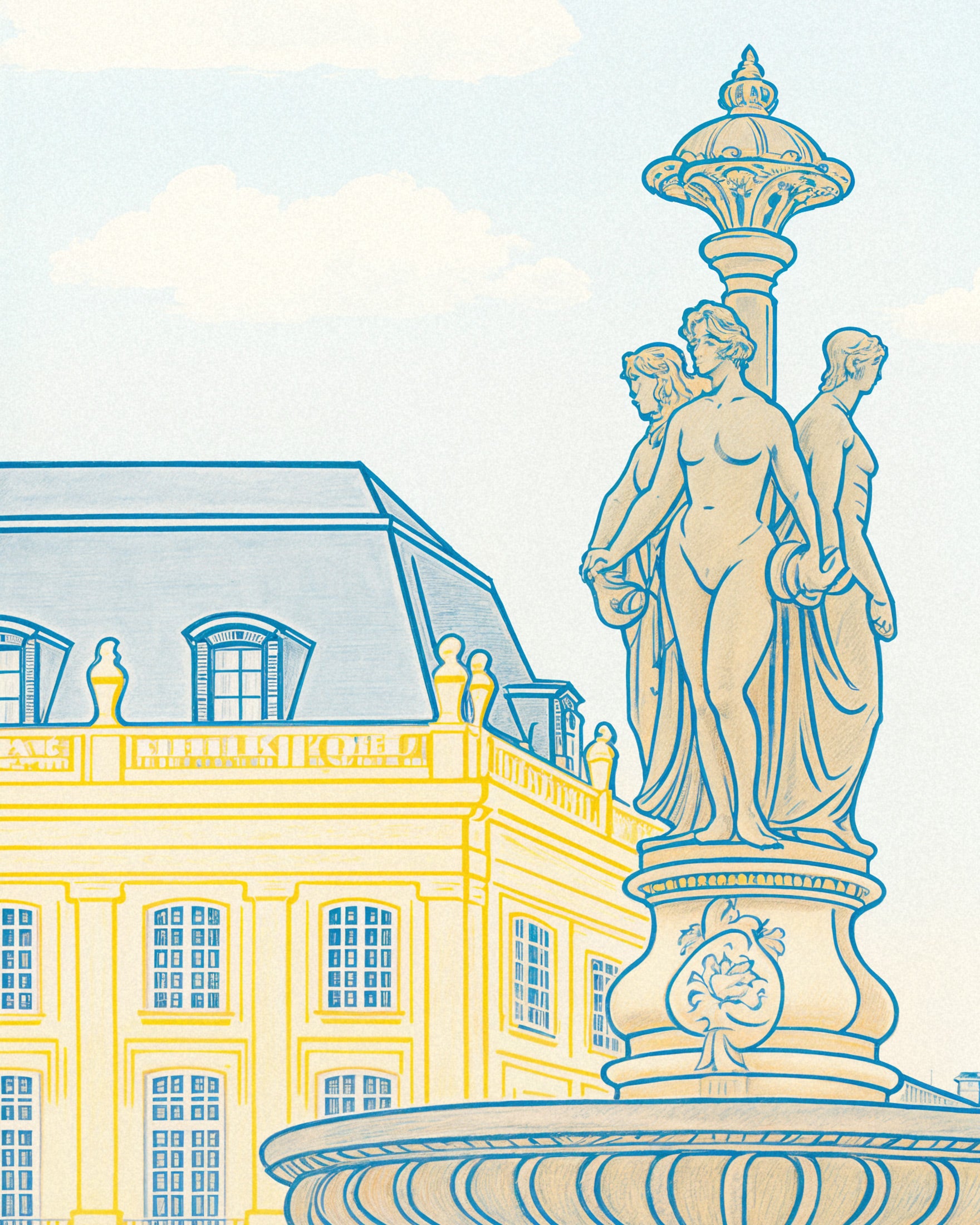 Bordeaux Plakat – Place de la Bourse & Springvand Kunsttryk i Bløde Pasteller
