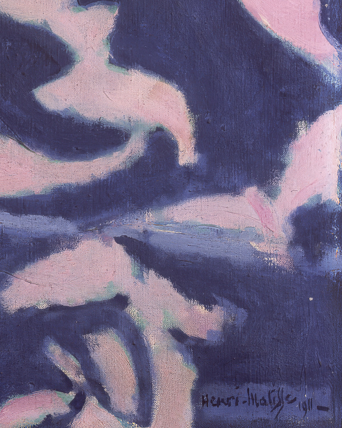 Et maleri af Henri Matisse fra 1911 med ekspressive penselstrøg i dyb marineblå og blød rosa, med kunstnerens signatur og årstallet »1911« i nederste højre hjørne.