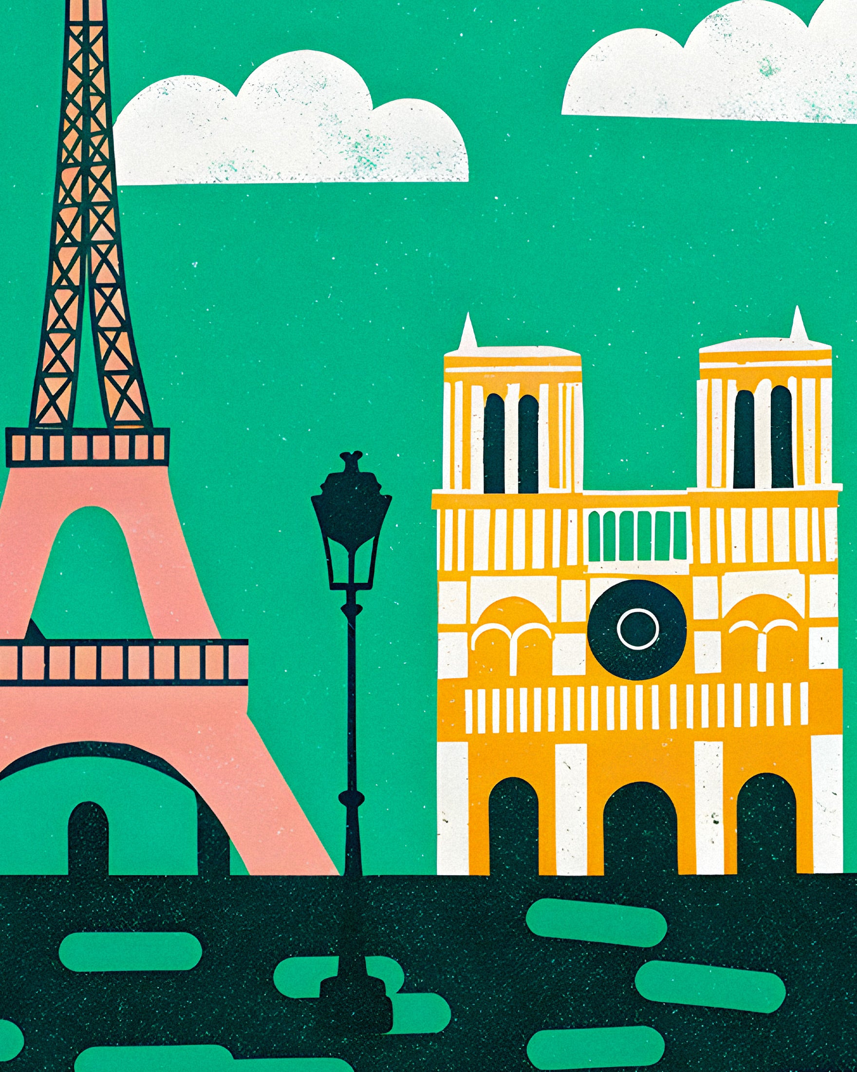 Grafisk Moderne Illustration af Eiffeltårnet & Notre-Dame - Paris Plakat