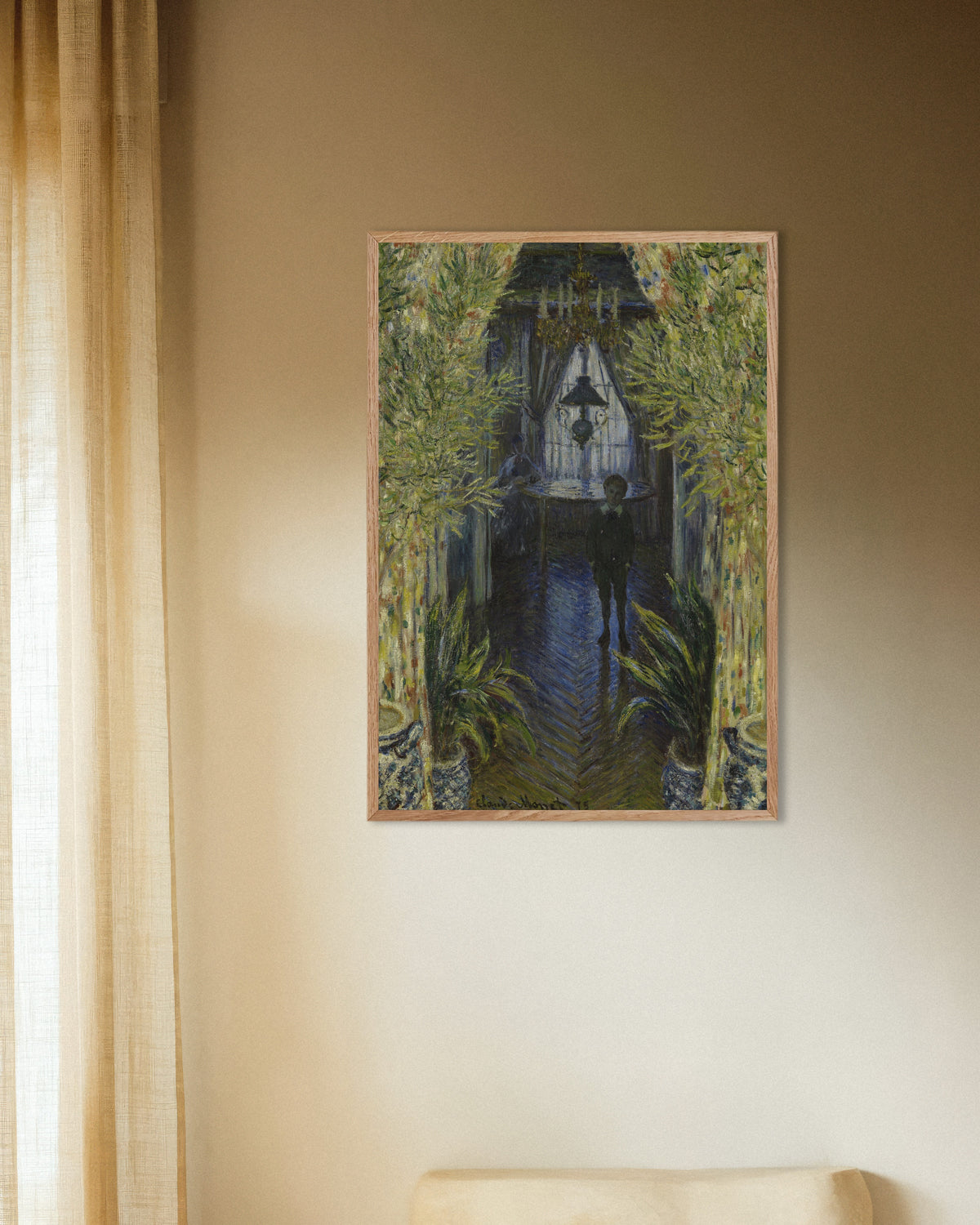 Plakat Et hjørne af lejligheden (1875) af Claude Monet med ramme i naturtræ