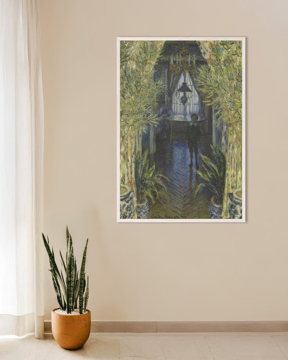 Plakat Et hjørne af lejligheden (1875) af Claude Monet med hvid træramme