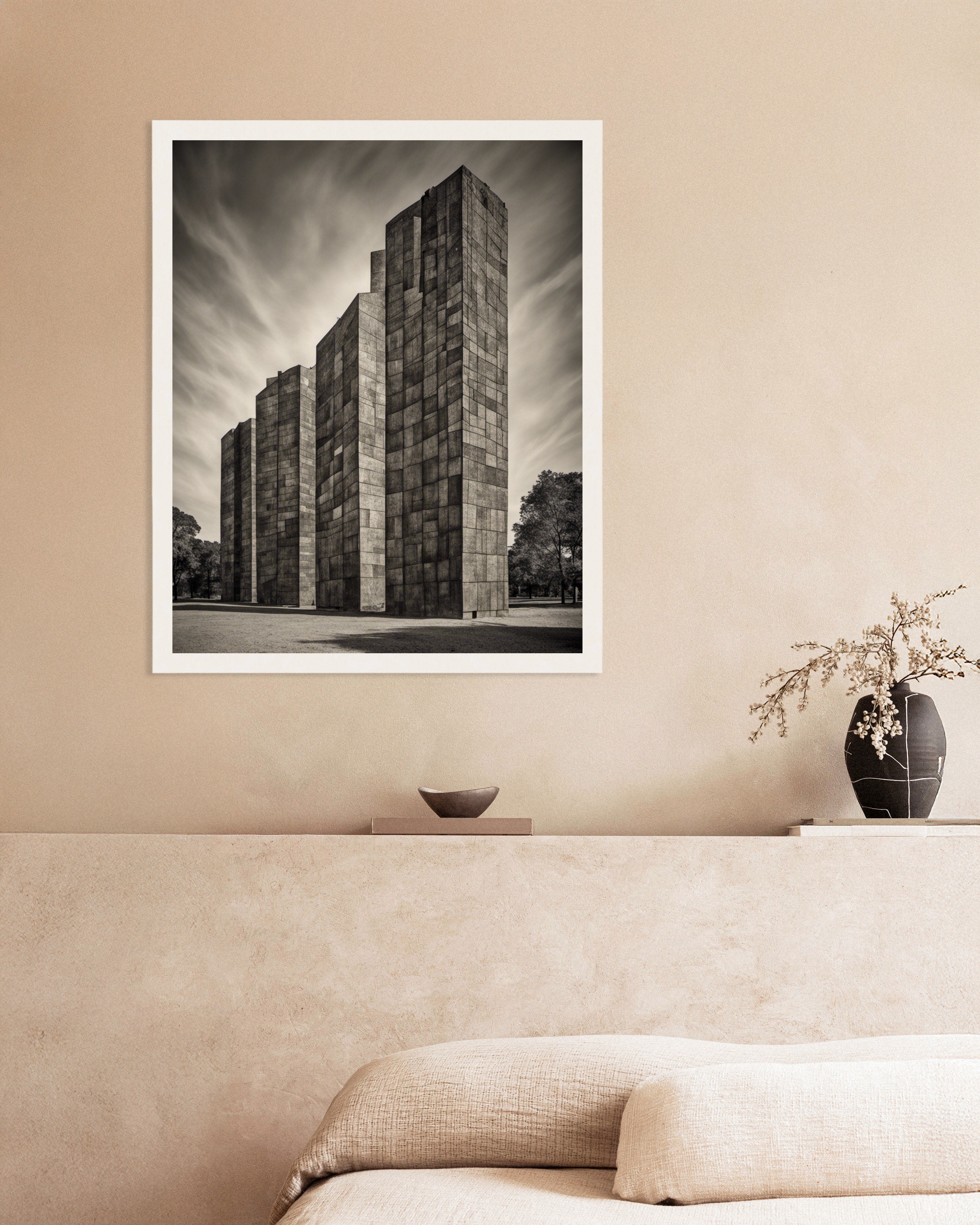 Poster of Abstract compositions with fanciful shapes, brutalist buildings - Poster