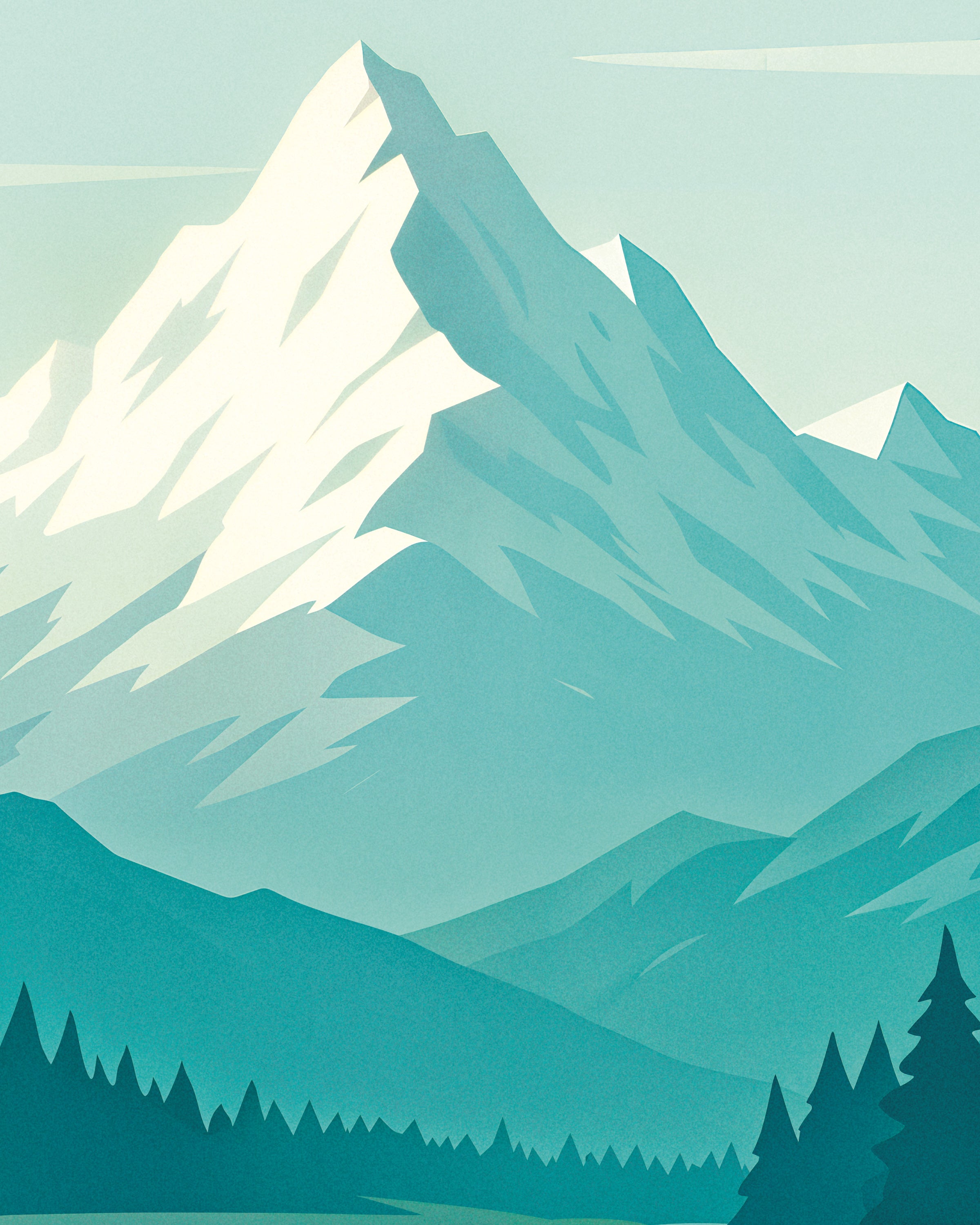 Illustration of mountains with snow caps and green valleys.