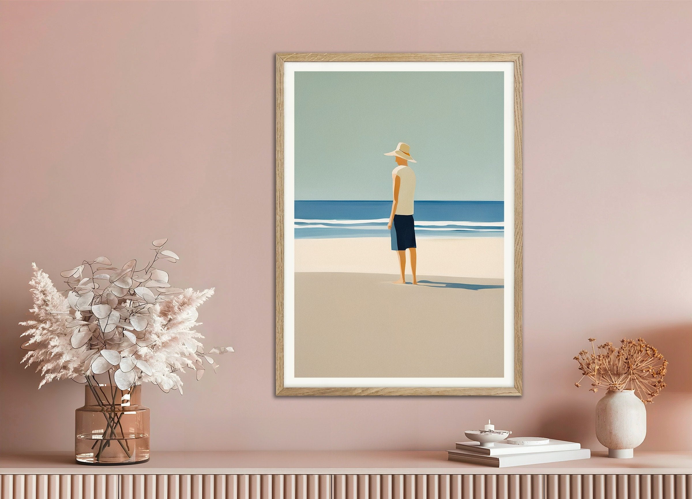 Poster of André at the beach, portrait - Minimalist Coastal Art Print, with natural wooden frame
